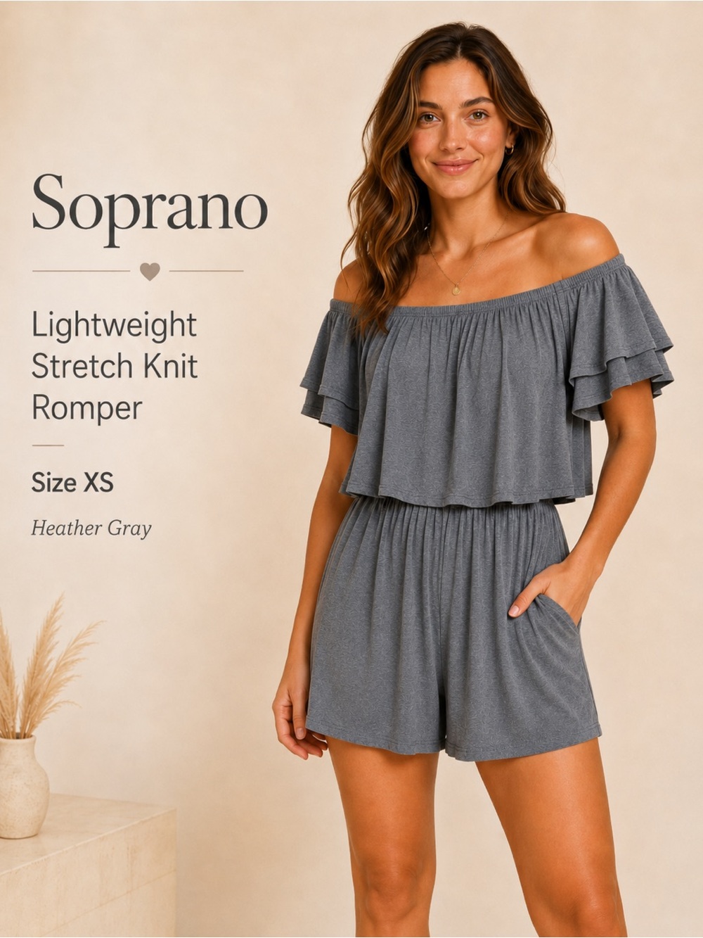 Soprano Gray Ribbed Off-Shoulder Romper‎